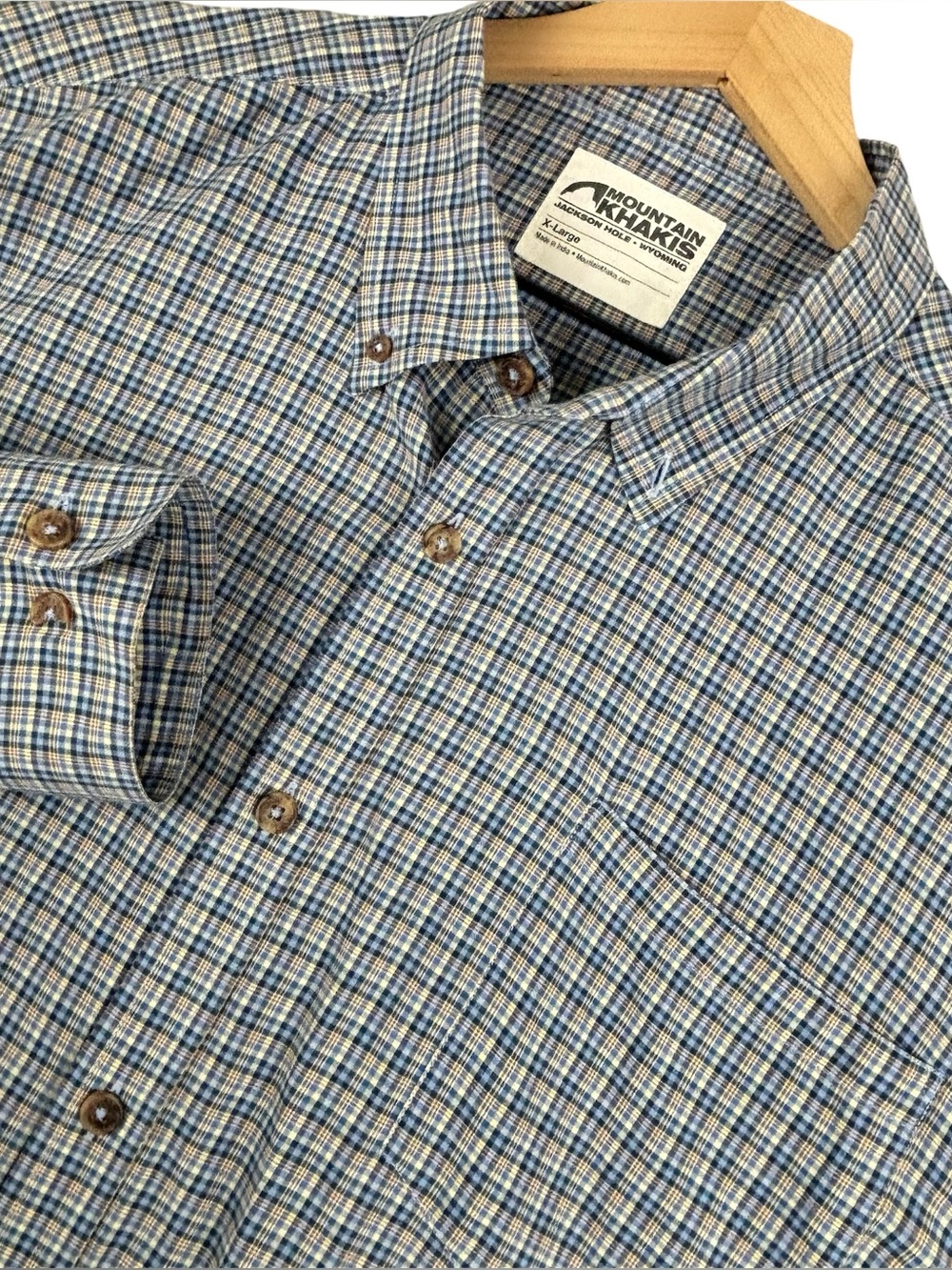 Mountain Khakis Shirt Mens XL Blue Brown Plaid Check Long Sleeve *Flaws